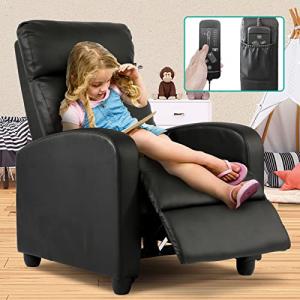 Kids Recliner Chair Leather Single Sofa Adjustable Lounge Chair Massage Gaming Home Theater Seating with Footrest Padded Headrest for Boys Girls Living Room Reading Chair, Black