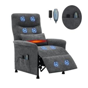 Heated & Vibration Massage Recliner Chair for Adults – Fabric Electric Recliner with Adjustable Back & Footrest, Side Pocket Storage, Compact Living Room & Home Theater Seating (Gray)