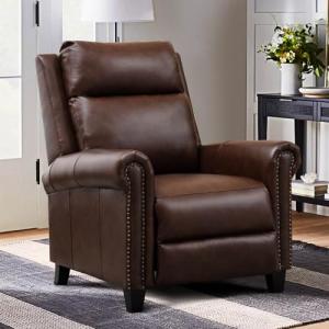 CANMOV Leather Pushback Recliner Chair, Classic and Traditional Push Back Recliner Chair with Rivet Decoration for Living Room, Adjustable Single Sofa, Brown