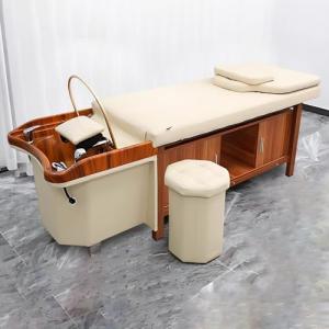 Shampoo Bowl Chair, Massage Shampoo Bed-Massage Table with Beige Minimalist Storage Design, Beauty Bed & Head Spa Equipment Includes Water Cycle, Smart Digital Display, Round Stool