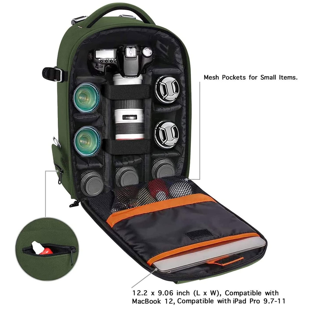 Army Green Mosiso Camera Backpack with Inserts & Tripod Holder