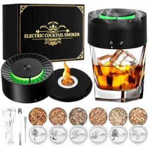 Electric Whiskey Smoker Kit, Rechargeable Cocktail Smoker Kit with 6 Wood Chips, Built in lighter, No need for butane. With three colors ambient lights. Birthday or Christmas gifts prepared for men.