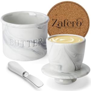 Zafero Butter Crock – Butter Dish with Lid for Countertop, Includes Knife, Coaster & Gift Box, Spreadable Butter Container, Marble Butter Keeper, French-Style Ceramic Butter Holder for Fresh Butter