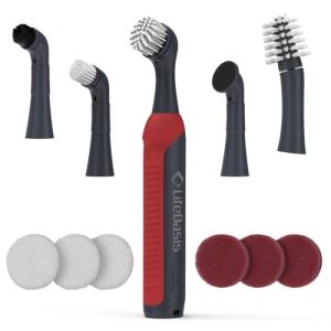 LifeBasis Rechargeable Power Scrubber 11-Piece Kit, Cordless Electric Cleaning Brush, IPX7 Waterproof Electric Grout Brush for Home, Kitchen, Bathroom, Grout, Tile, Shower, Tub, Red
