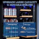 Wine and Beverage Refrigerator 24", Upgraded Dual Zone Wine Beverage Cooler with Glass Door and French Door, Large Capacity Beer Fridge Holds 21 Bottles & 88 Cans, Built-In or Freestanding - Black