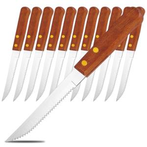 Kyraton Steak Knives Set of 12, Wood Handle Stainless Steel Steak Knife Set, Serrated Steak Knives, Gifts for Home, Restaurant, Parties, Wedding, Camping