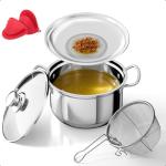 Deep Frying Pot with Basket, 4.2QT/4L 3-in-1 Multi-Functional Stainless Steel Stove Top Deep Fryer Pot with Basket and Oil strainer For Frying, Stewing, Boiling for Kitchen and Camping