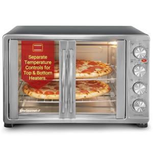 Elite Gourmet ETO4510B# French Door 47.5Qt, 18-Slice Convection Oven 4-Control Knobs, Bake Broil Toast Rotisserie Keep Warm, Includes 2 x 14" Pizza Racks, Stainless Steel
