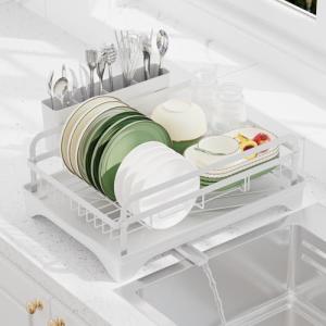 Dish Drying Rack for Kitchen Counter - Large Capacity Dish Drying Rack with Drainboard, Kitchen Sink Dish Rack, Countertop Dish Drainer Rack with Cutlery Holders Dish Dryer Rack White