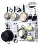Wall Control Kitchen Pegboard Organizer Pots and Pans Storage Rack Organization Kit with White Pegboard and Black Accessories