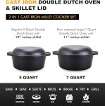 Bruntmor Pre-Seasoned Cast Iron Double Dutch Oven with Skillet Lid - 7 Quart All-in-One Casserole and Braising Pan - Heavy Duty and Oven Safe Black Cookware for Versatile Cooking - 14.7 x 6.9 Inches