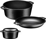 Bruntmor Pre-Seasoned Cast Iron Double Dutch Oven with Skillet Lid - 7 Quart All-in-One Casserole and Braising Pan - Heavy Duty and Oven Safe Black Cookware for Versatile Cooking - 14.7 x 6.9 Inches