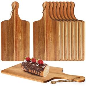 10 Packs Acacia Wood Cutting Board, 15 x 7 Inch Plain Chopping Board with Handles Large Serving Board Wooden Kitchen Cutting Board Bulk with Ropes for Vegetables Meat Pizza Cheese Fruit Bread