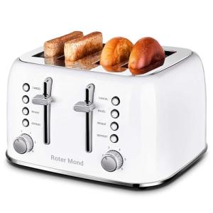 Roter Mond Toaster 4 Slice Retro Stainless Steel with Extra Wide Slots Bagel, Defrost, Reheat Function, Dual Independent Control Panel, Removable Crumb Tray, 6 Browning Levels, White