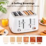 Roter Mond Toaster 4 Slice Retro Stainless Steel with Extra Wide Slots Bagel, Defrost, Reheat Function, Dual Independent Control Panel, Removable Crumb Tray, 6 Browning Levels, White