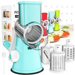 Cambom Rotary Cheese Grater Hand Crank Cheese Shredder for Fresh Cheese, Vegetable, Nuts,Non-slip Suction Base, Free Cleaning Brush Three Blades, Blue