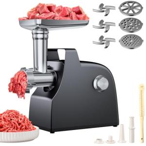 GuanQiao Upgraded Electric Meat Grinder: 3000W Max For Home Kitchen, With Handle. Heavy Duty, 3 Blades, 3 Plates, Sausage Stuffer Tubes & Kubbe Kit (Black)
