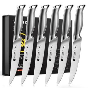 WIZEKA Steak Knives Set of 6 - German Stainless Steel - 5 Inches Serrated Straight Edge Steak Knife Set, One Piece Design Knife Set of Steak with Box, Silver Wings Series