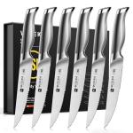 WIZEKA Steak Knives Set of 6 - German Stainless Steel - 5 Inches Serrated Straight Edge Steak Knife Set, One Piece Design Knife Set of Steak with Box, Silver Wings Series