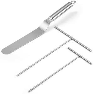 Crepe Spreader and Spatula Kit, Metal Handle Curved Offset Spacula 12", Stainless Steel 7" & 5" T-Shaped Batter Spreaders, Pancake Tool, Crepes Turner Sticks Fit Any Crepe Pan Maker, Pack of 3