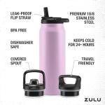 ZULU Base 40oz Stainless Steel Water Bottle with 3 Lids- Straw, Chug, Twist | Double Walled and Vacuum Insulated Metal Thermos | For Gym, Outdoor | Built in Carry Loop, Dishwasher Safe, Pink