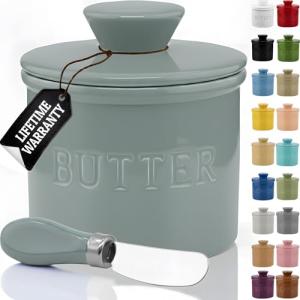 PriorityChef Butter Crock with Lid with Water Line, Ceramic French Butter Dish to Leave On Counter, Light Grey