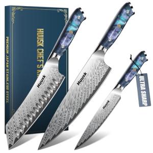 Huusk Japanese Knife Set 3 PCS - Stainless Chef Knife Set with Sheath & Ergonomic Resin Handle, Hand Sharpened Full Tang Professional Kitchen Knives for All Purpose, Christmas Gifts for Men Women