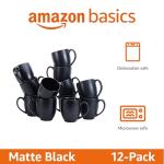 Amazon Basics 12-pack Matte Black Ceramic Coffee Mug, 16 ounces, Microwave-Safe, Stoneware, Commercial-grade