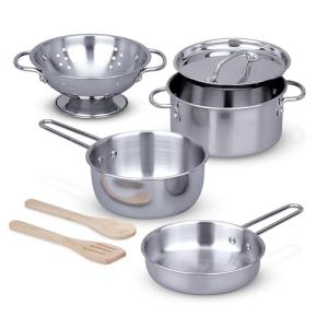 Melissa & Doug Stainless Steel Pots & Pans, 8 Piece Play Kitchen Set, Premium Play Kitchen Accessories & Cooking Utensils, Preschool Toys for Kids 3+
