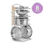 Melissa & Doug Stainless Steel Pots & Pans, 8 Piece Play Kitchen Set, Premium Play Kitchen Accessories & Cooking Utensils, Preschool Toys for Kids 3+
