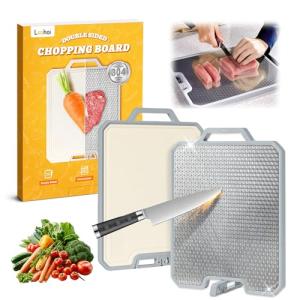 LOOHOI Stainless Steel Cutting Boards for Kitchen,Double Side Food Grade Chopping Board,Stainless Steel and Wheat Straw PP,Dishwasher Safe Large Board for Meat/Vegetable,16 * 12 Inch