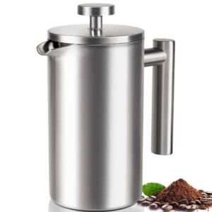 SZHETEFU French Press 34 OZ, Durable Stainless Steel French Press Coffee Maker, Double-Wall Insulated Coffee Presses for Travel Camping Tea, Easy to Use, Dishwasher Safe (Silver Matte)