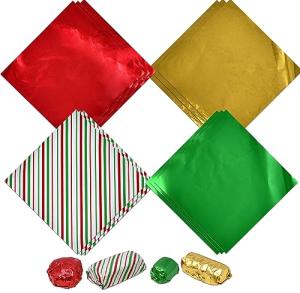 Gift Boutique Chocolate Candy Wrappers Aluminum Tin Foil Wrapping 600 Pieces Packaging Decoration 4 Xmas Printed Color Wrapper Papers for Holiday Baking Homemade Food Party Favor 4 x 4 Inches Square