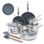 Blue Diamond Hybrid Nonstick Stainless Steel 12 Piece Cookware Set, Tri-Ply PFAS-Free Ceramic Diamond Bond Pots & Pans, Dishwasher & Oven Safe to 850F, Induction Ready, Metal Utensil Safe, Silver