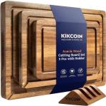 Kikcoin Wood Cutting Boards for Kitchen, 3 PCS Wooden Cutting Board Set with Holder, Chopping Board with Built-In Compartments and Juice Groove, Solid Charcuterie Board Serving Tray Wood Butcher Block