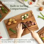 Kikcoin Wood Cutting Boards for Kitchen, 3 PCS Wooden Cutting Board Set with Holder, Chopping Board with Built-In Compartments and Juice Groove, Solid Charcuterie Board Serving Tray Wood Butcher Block