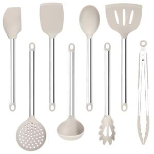 8 Pieces Kitchen Utensils Set, Vayvnt Silicone Cooking Utensils Set for Non-Stick Cookware, Stainless Steel Handle, Heat Resistant Kitchen Gadgets Includes Large Spatula Tongs, Dishwasher Safe, Khaki