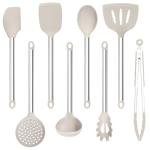 8 Pieces Kitchen Utensils Set, Vayvnt Silicone Cooking Utensils Set for Non-Stick Cookware, Stainless Steel Handle, Heat Resistant Kitchen Gadgets Includes Large Spatula Tongs, Dishwasher Safe, Khaki