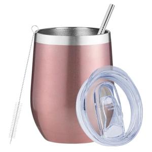 MEZMUT 12 Oz Insulated Wine Tumbler with Lid Double Wall Vacuum Stainless Steel Wine Glass Coffee Mug Insulated Tumbler Cup for Champaign, Cocktail, Beer (Rose Gold, 1 Pack)