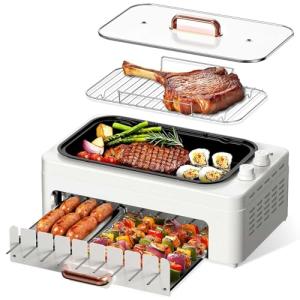 XHJ 4-in-1 Electric Indoor Grill Smokeless for Home,Countertop Electric Grill with Removable Sizzle Grill Pan & Grate + Auto Rotating Kabob Skewers + Electric Hot Dog Roller Dual Zone Cooking with Lid