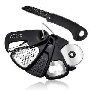 Kitchen Gadgets Set 6 Piece, Space Saving Kitchen Utensils Stainless Steel Accessories Cheese Grater, Bottle Opener, Pizza Cutter, Vegetable Peeler, Paring Knife, Garlic Grinder, Burlap Bag Gift(BLK)