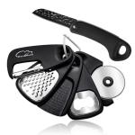 Kitchen Gadgets Set 6 Piece, Space Saving Kitchen Utensils Stainless Steel Accessories Cheese Grater, Bottle Opener, Pizza Cutter, Vegetable Peeler, Paring Knife, Garlic Grinder, Burlap Bag Gift(BLK)