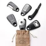 Kitchen Gadgets Set 6 Piece, Space Saving Kitchen Utensils Stainless Steel Accessories Cheese Grater, Bottle Opener, Pizza Cutter, Vegetable Peeler, Paring Knife, Garlic Grinder, Burlap Bag Gift(BLK)