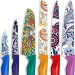 Astercook Paisley Pattern Knife Set with Cover, Dishwasher Safe Colorful Knives with 6 Knife Sheath, German Stainless Steel Rainbow Knife Set