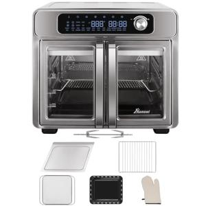 Extra Large French Door Air Fryer Toaster Oven Combo, 24 Cooking Functions and Digital Controls, 6 Accessories Included, Stainless Steel Finish, 26QT Capacity, Fits 12" Pizza, Rotisserie 6lb Chicken