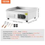 VEVOR Commercial Electric Griddle, 1700W Countertop Flat Top Grill, 18in Stainless Steel Griddle Grill with 2 Shovels and 2 Brushes for Home or Restaurant, 122℉-572 ℉ Adjustable Temp