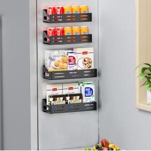 Carwiner 4 Pack Magnetic Spice Rack for Refrigerator, Magnetic Refrigerator Organizer, Strong Magnetic Fridge Shelf, Rustproof Side Fridge Storage Rack for Kitchen,Black (CW-CTTLJ-4P)