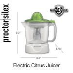 Proctor Silex Electric Citrus Juicer Machine, Large 34 oz. Pitcher, Pressure Activated, 2 Reamers for Big and Small Fruit, Pulp Control, for Orange, Lemon, Grapefruit Juice, White & Green (66340)