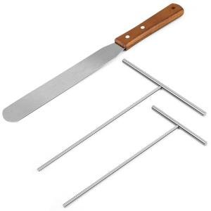 Crepe Spreader and Spatula Kit, Wood Handle Offset Spacula 12",Stainless Steel 7" & 5" T-Shaped Batter Spreaders, Pancake Tool, Crepes Turner Sticks Fit Any Crepe Pan Maker, Pack of 3