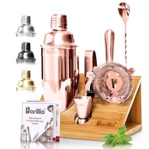 Barillio Rose Gold Bartender Kit - Stainless-Steel Cocktail Shaker Set w/Bamboo Stand - Mixology Bar Tools w/Shaker, Drink Mixer Spoon & Muddler for Cocktails - Home Bar Accessories - 10-Pc Bar Set